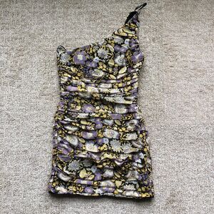 Zara One Shoulder Metallic Mini Dress Women's Size‎ XS Ruched Floral Print Gold